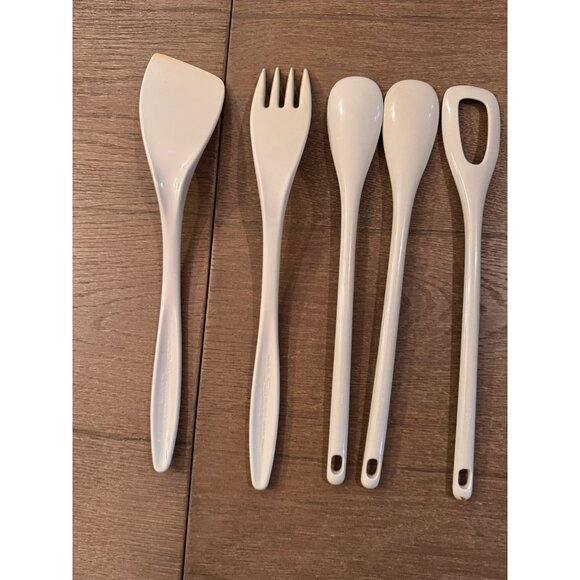 VTG Hutzler Melamine Serving Set Of 5 White Spatula Spoon Fork Denmark Retro - Picture 5 of 11